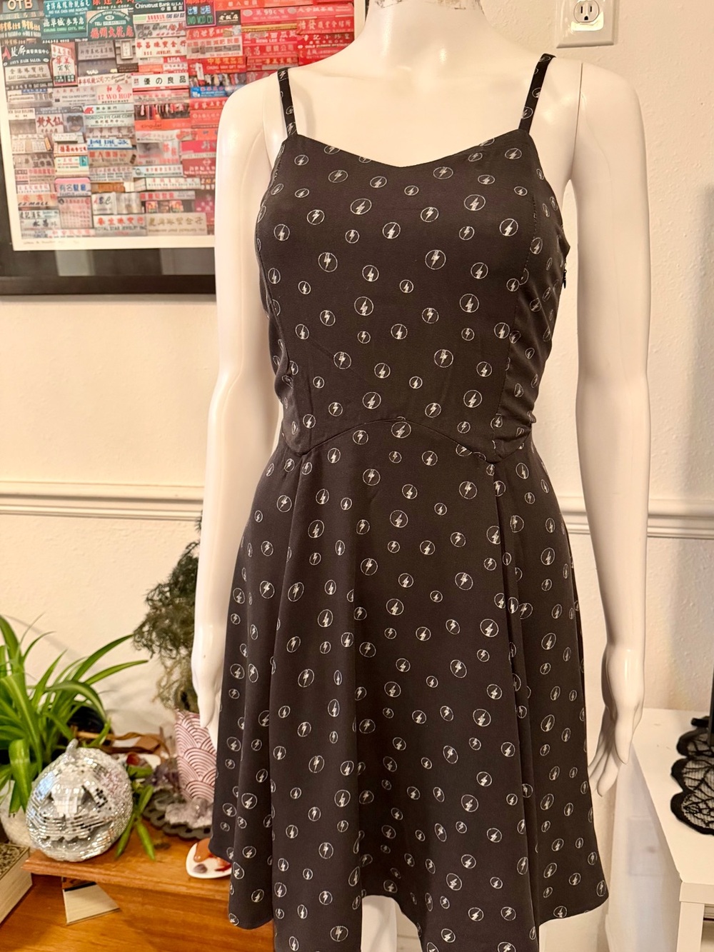 Junk Food Clothing Black Mini Dress with White Dot Motif